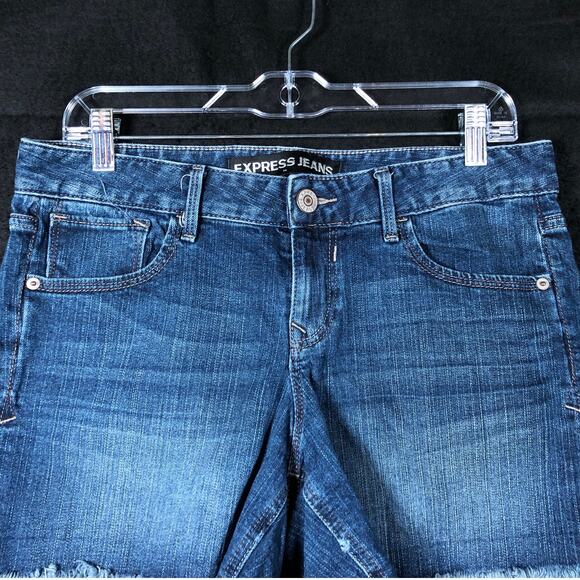 Express Womens Shorts Blue Denim Mid Rise Cotton Blend Cut Off Stretch 8 - Picture 2 of 11